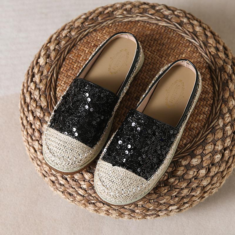 

Evening Xiaoxiangfeng Baotou half slippers women s outer wear summer fashion fisherman shoes straw-woven silver soft-soled single shoes 40 чёрный