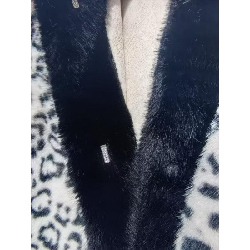 Elegant Long Leopard Print Coat Winter Thickened Mink Fur Jacket Fashionable Outerwear