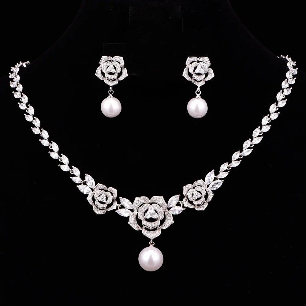 

Наборы свадебных украшений с блестящим цветком и кубическим цирконием для женщин, ожерелье и серьги подружки невесты, CZL-6008