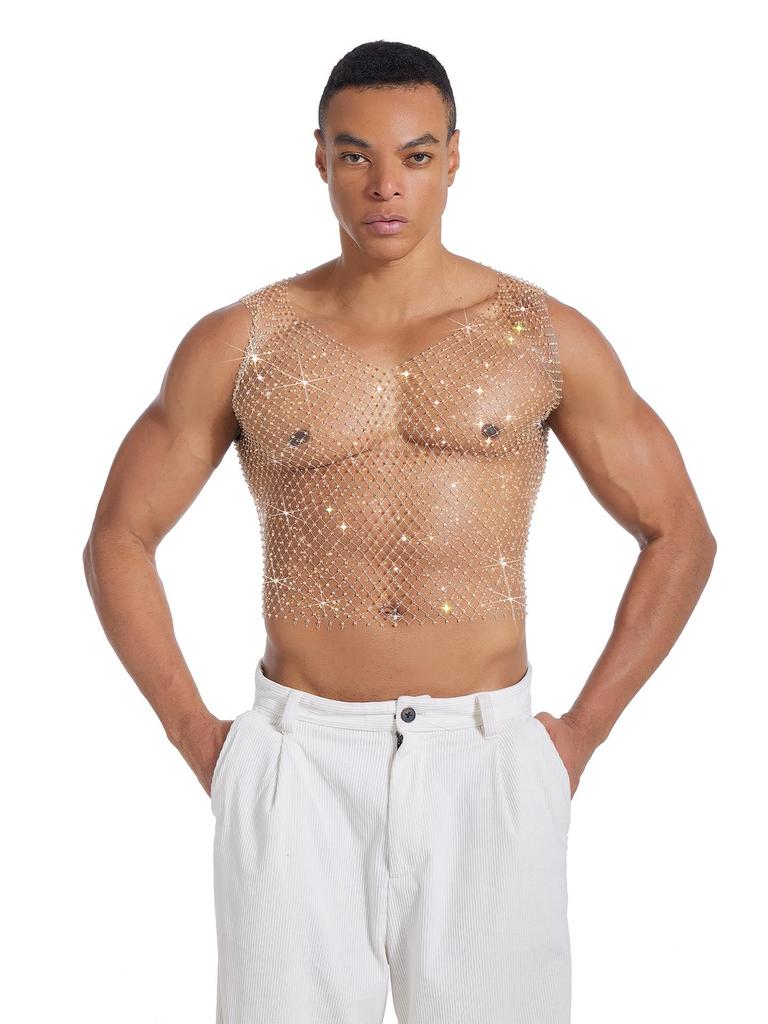 Unisex Strass-Netztop - Glitzernde durchsichtige Weste für elektronische Musikfestivals