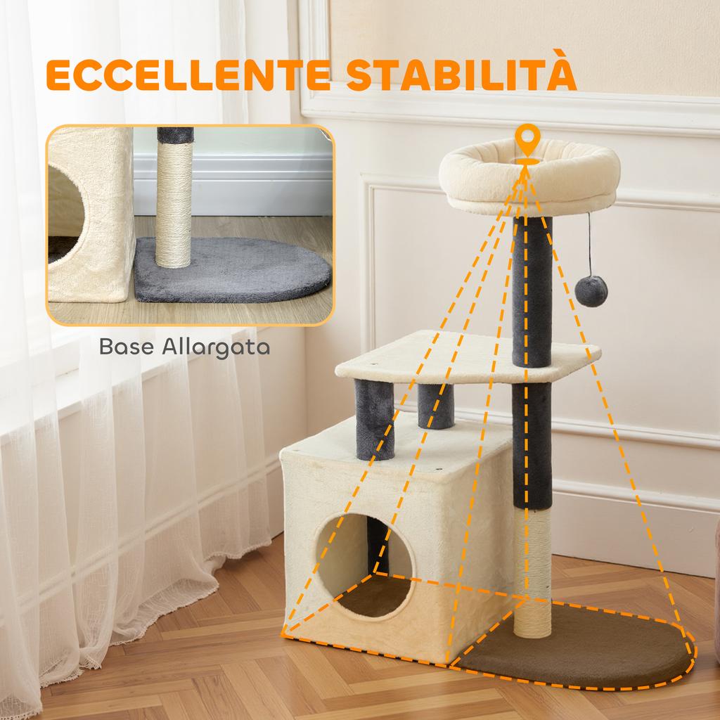 Cat Scratching Tree 92 cm Tall with House, Bed, Sisal Posts and Ball, Cream White
