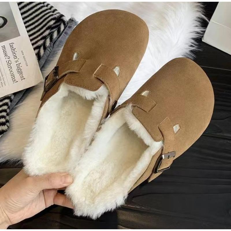 Fashion New Women's Slippers Autumn Winter Leather Round Toe Slippers Couple Slippers Outdoor Casual Keep Warm Women Suede Slides Mujer