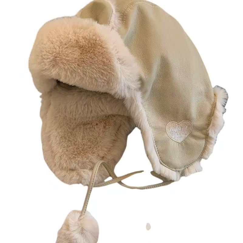 Women's Cute Brown Leather Teddy Bear Ear Hat - Warm, Thick Plush for Cycling, 2025 Autumn/Winter Ear Protection.