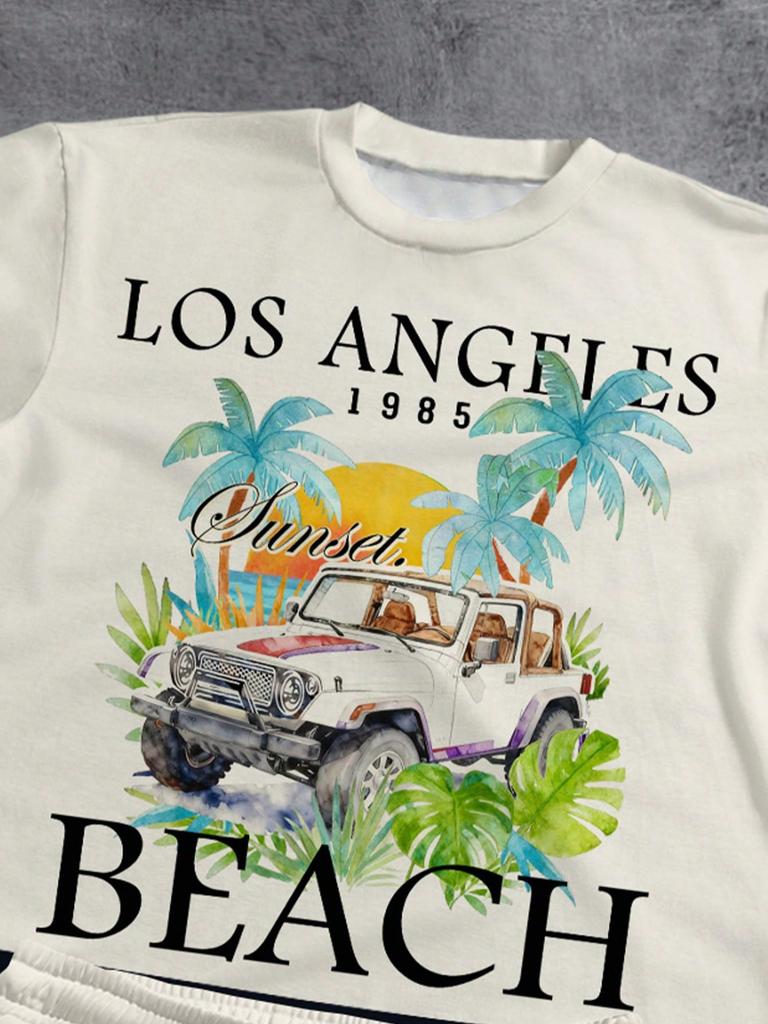 Casual Street Holiday Sports Beach Coconut Palm Contrast Colors Graphic Pattern T-shirt And Shorts Set, Summer Resort Wear Men Beachwear Set