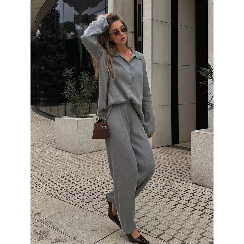 Western Style Fashion Loose Knit Solid Cardigan sweater Trousers Set Sweater and Pants Set