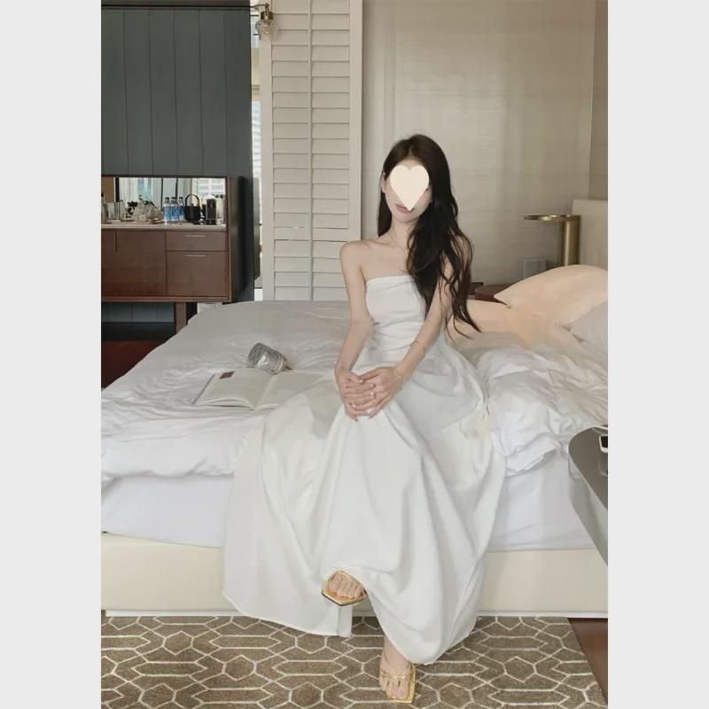 Women's White One-Shoulder Tube Top Patchwork Dress - Summer 2025 Sleeveless Mid-Length Skirt