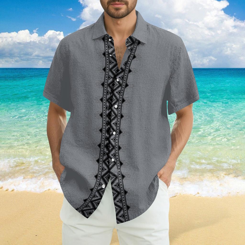 Men's Fashionable Casual Loose Striped Printed Beach Short-sleeved Shirt