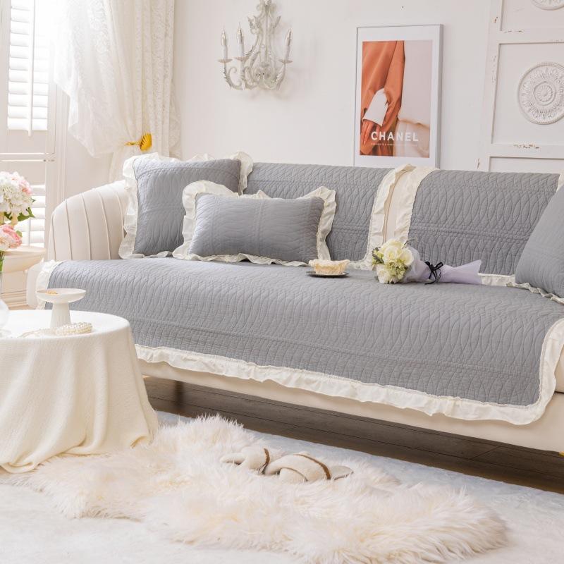Pure Cotton Ruffle Edge Sofa Cushion Universal In All Seasons, Cotton Fabric Non-Slip Seat Cushion Cover Cloth, Simple Modern Sofa Cover