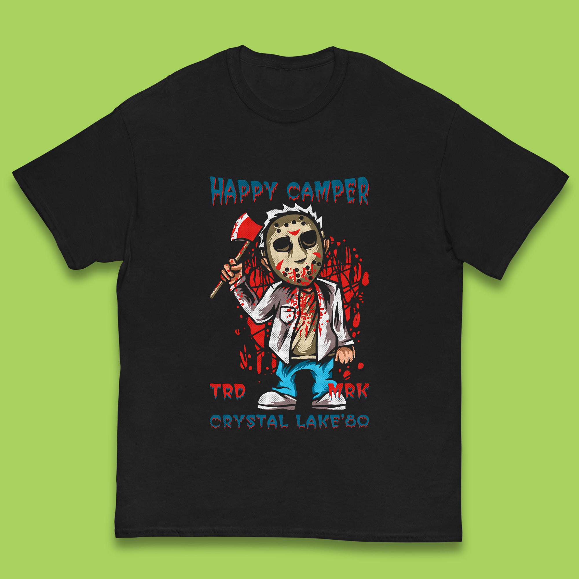 Happy Camper Crystal Lake 1980s Jason Voorhees Vintage Halloween Horror Movie Kids T Shirt 110