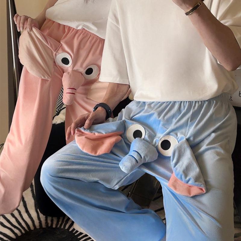 Funny Elephant Nose Couple Pajamas: Cozy Men's and Women's Pants for Autumn & Winter