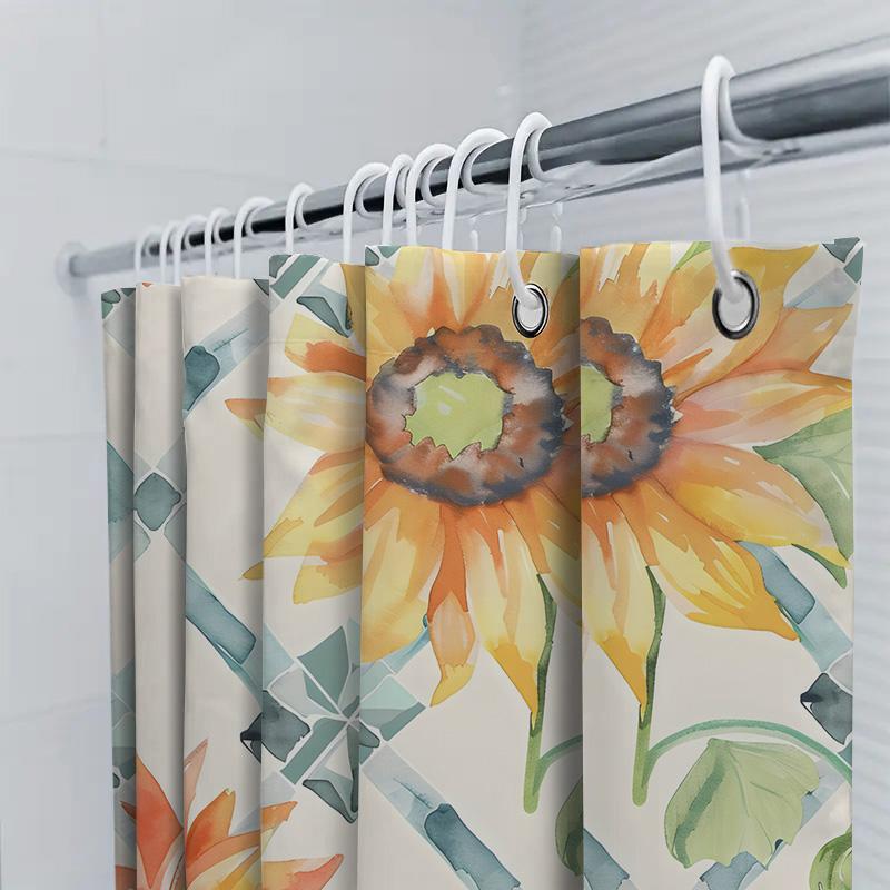 Sunflower Shower Curtain Rustic Boho Design With Green Stripes White Backdrop For Bathroom Decorations Waterproof Fabric Materia