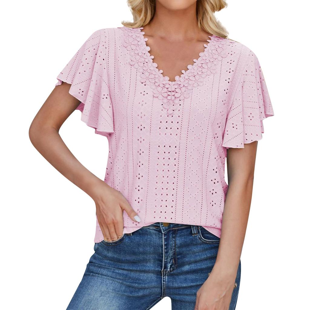 Damska, codzienna, modna, seksowna, koronkowa koszulka z dekoltem w serek i falbaniastymi rękawami w jednolitym kolorze