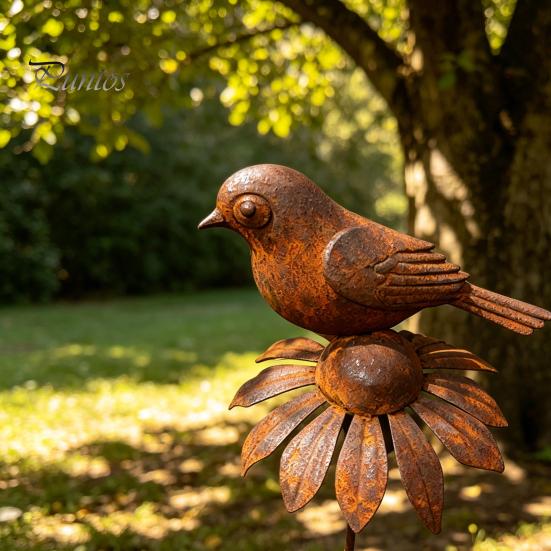 Retro Rust Finish Garden Stake Rusty Decorative Stakes, Metal Flowers Birds Decoration, Daisy Ground Bird Stake, Plant Container Decorations