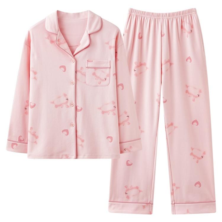 Autumn and winter pajama set for women, pink printed pure cotton long-sleeved V-neck home outfit