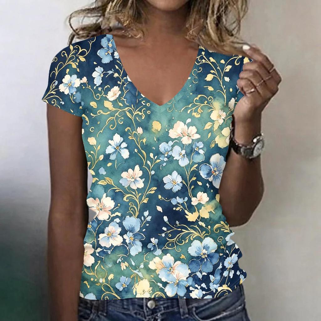 Women’s Casual V Neck Short Sleeve Floral Print T Shirt Relaxed Fit Lightweight Soft Fabric Top for Everyday Wear