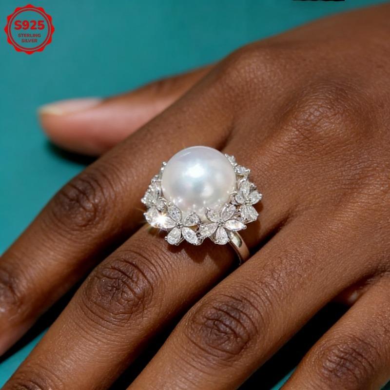 s925Sterling Silver European and American fashion classic elegant pearl flower ring for women Shiny, lustrous micro-inlaid zirconia Suitable for all