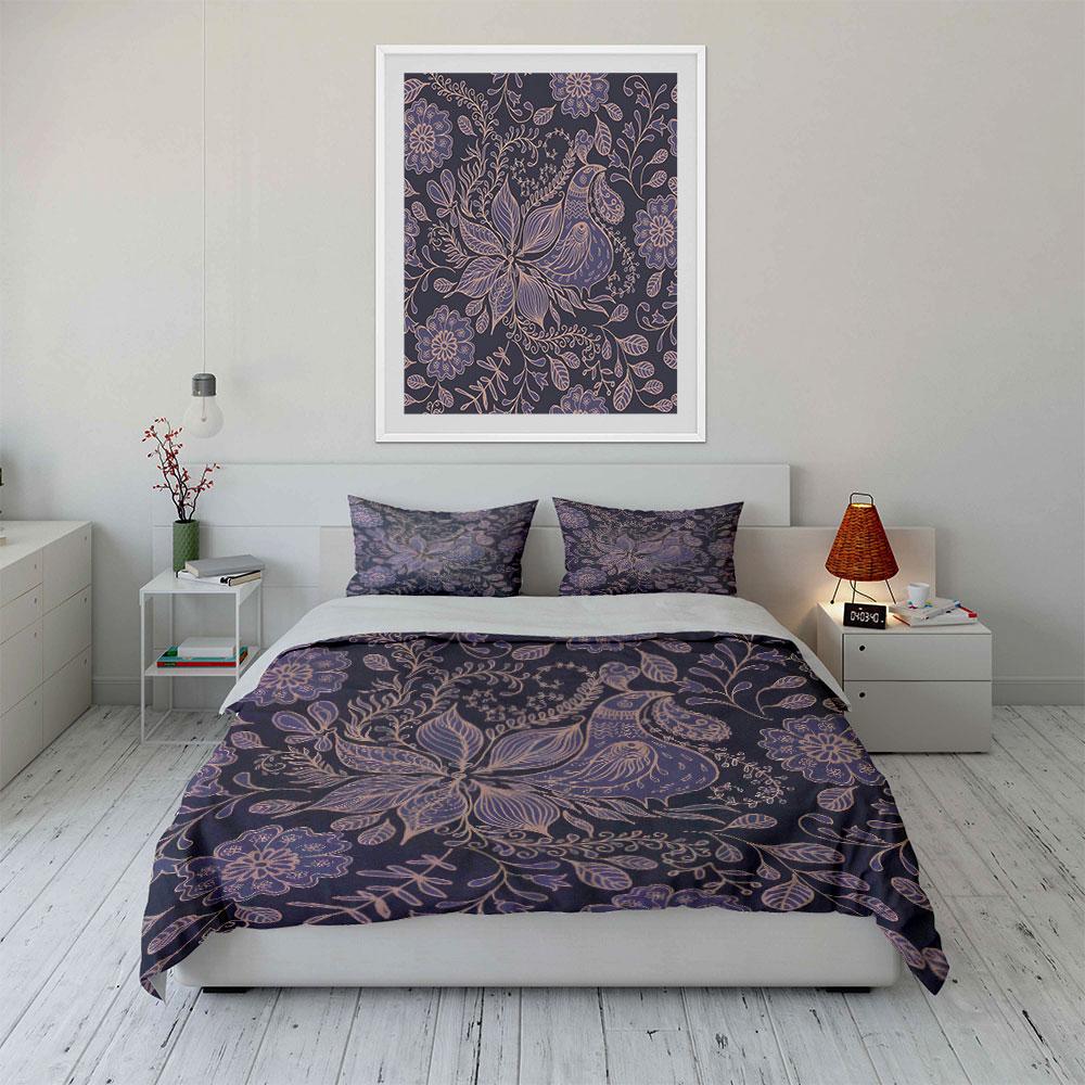 Intricate Hand-Drawn Floral Bird Pattern Bedding Set For Kids Luxury Gift 3Pcs Digital Print Comforter Set Soft Comfortable