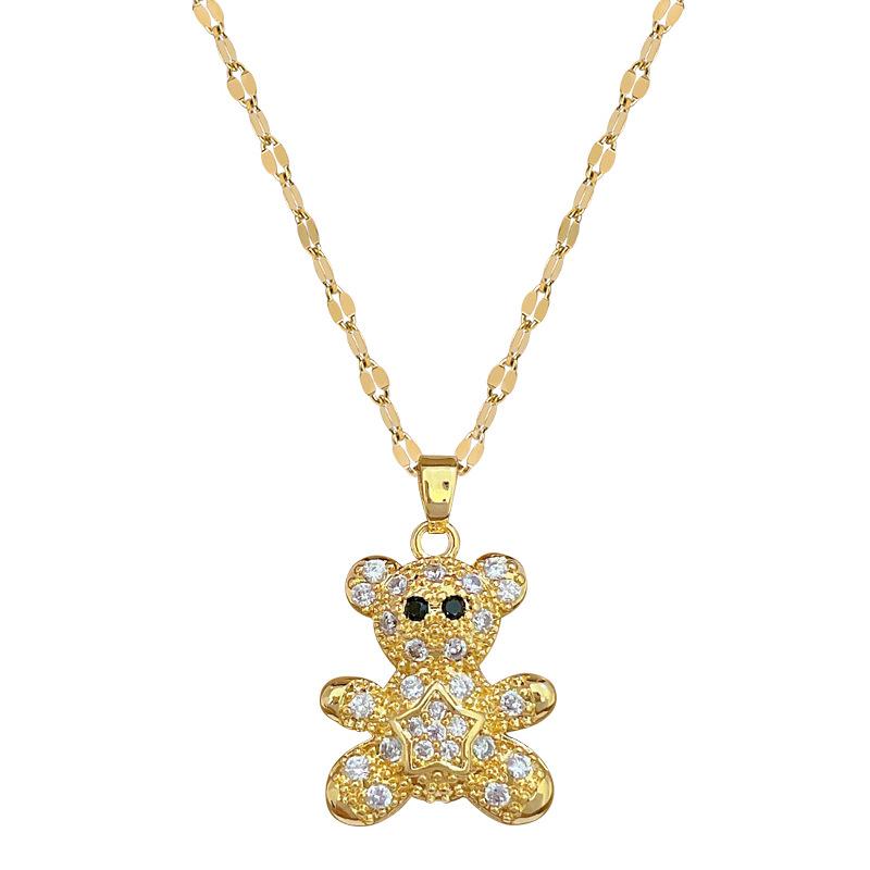 Pentagram Bear Light Luxury Temperament Gorgeous Full Diamond Necklace Female Versatile Collarbone Chain Titanium Steel Chain