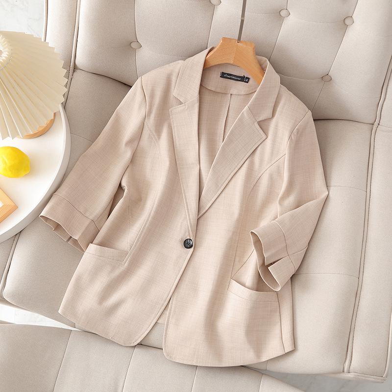 

2024 Plus Size Women’s Casual Linen Jacket - Seven-Sleeve Summer Style 3XL бежевый