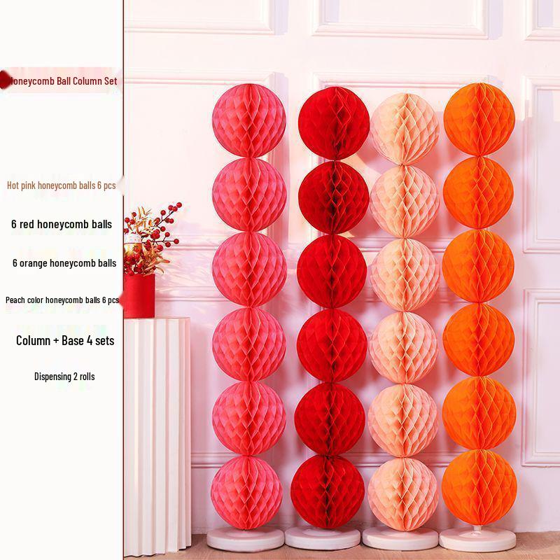 Honeycomb Ball Pillar Lantern for Wedding Room Decoration, Bride Photo Props, Double Happiness Wall Flower