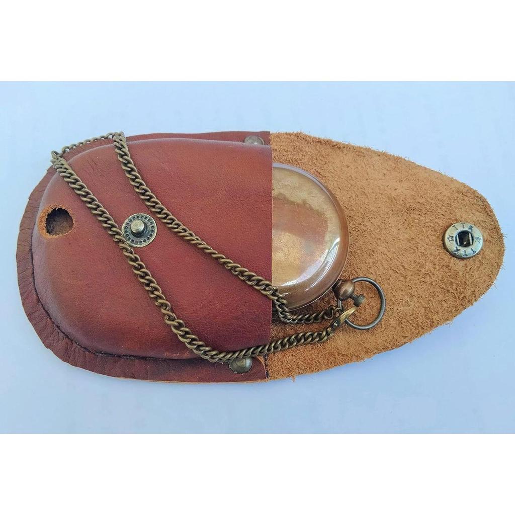 Antikbraunes Finish Messing Druckknopf Kompass Taschenuhrkette mit Lederabdeckung Nautisches Geschenk für geliebte Menschen