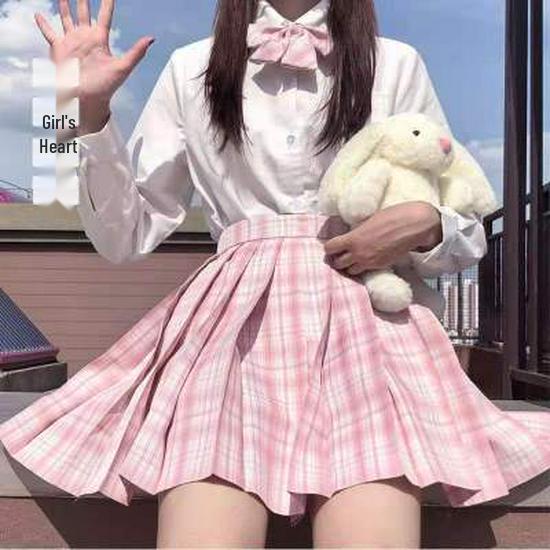Japanese JK Sailor Suit: Teen Spring/Summer Full Set with Embroidered Shirt & Pleated Grid Skirt