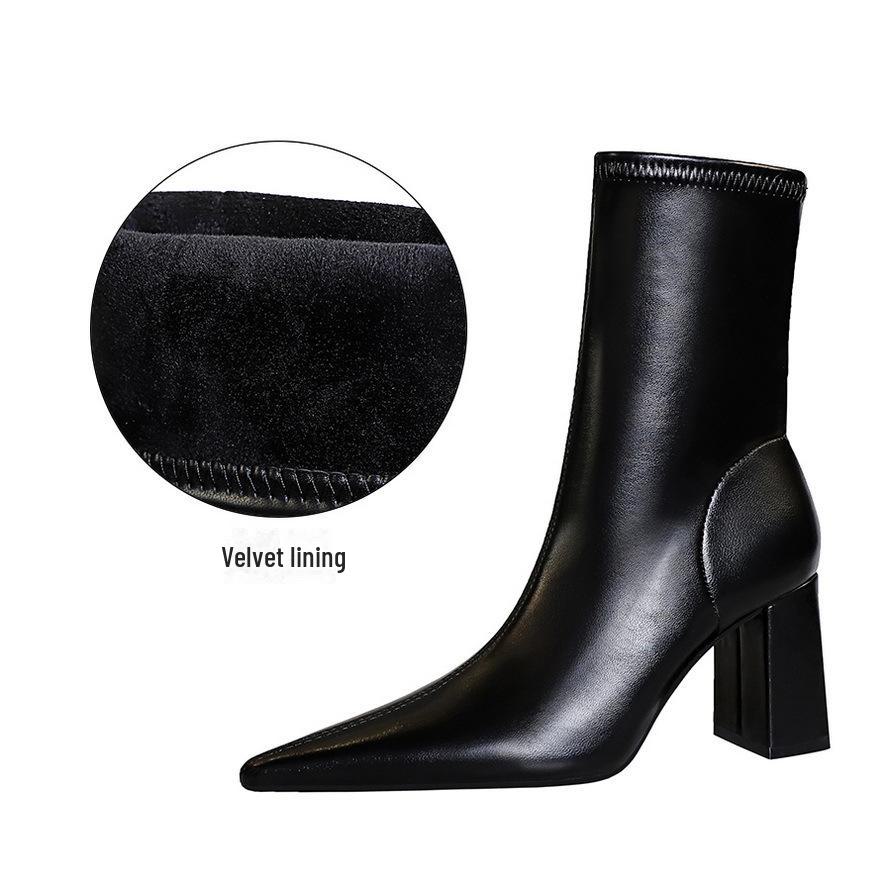 "European & American Style Sexy High Heel Pointed Winter Boots - Women's Slim Short Boots with Thick Heel"