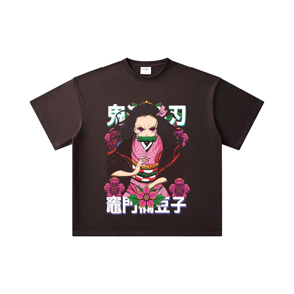 260 GSM Double Yarn 32 Count 100% Cotton Demon Slayer V70 Nezuko Flower Print Unisex Heavy Cotton T Shirt