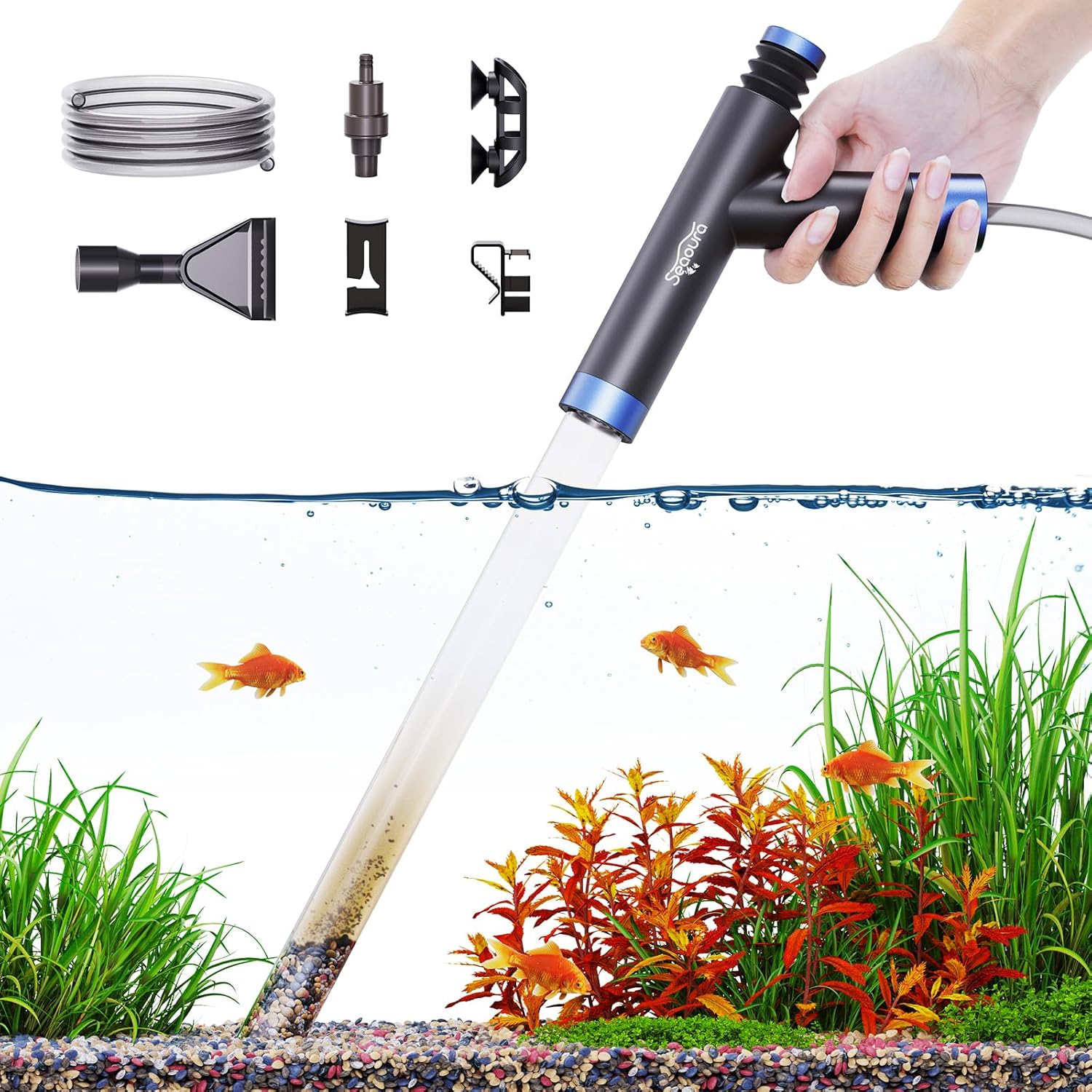 Aquarium Siphon Pump Gravel Cleaner, Fish Tank Vacuum Gravels Cleaning Kit, Manual Water Changer with Air Push Button, Aquariums Sand Clean Set, Hose