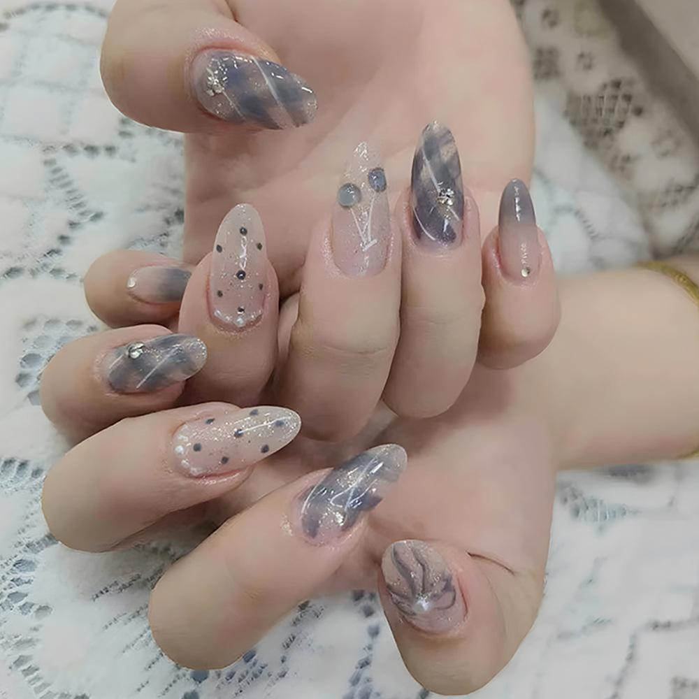 24PCS Pink Leopard Print Blush Almond Press On Nails Sweet Bowknot False Nails Simple French Fake Nails with Diamond Wearable