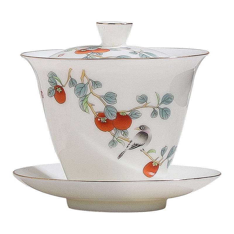 Suet jade kung fu tea set hand-painted cover bowl gold opening event real estate business souvenir