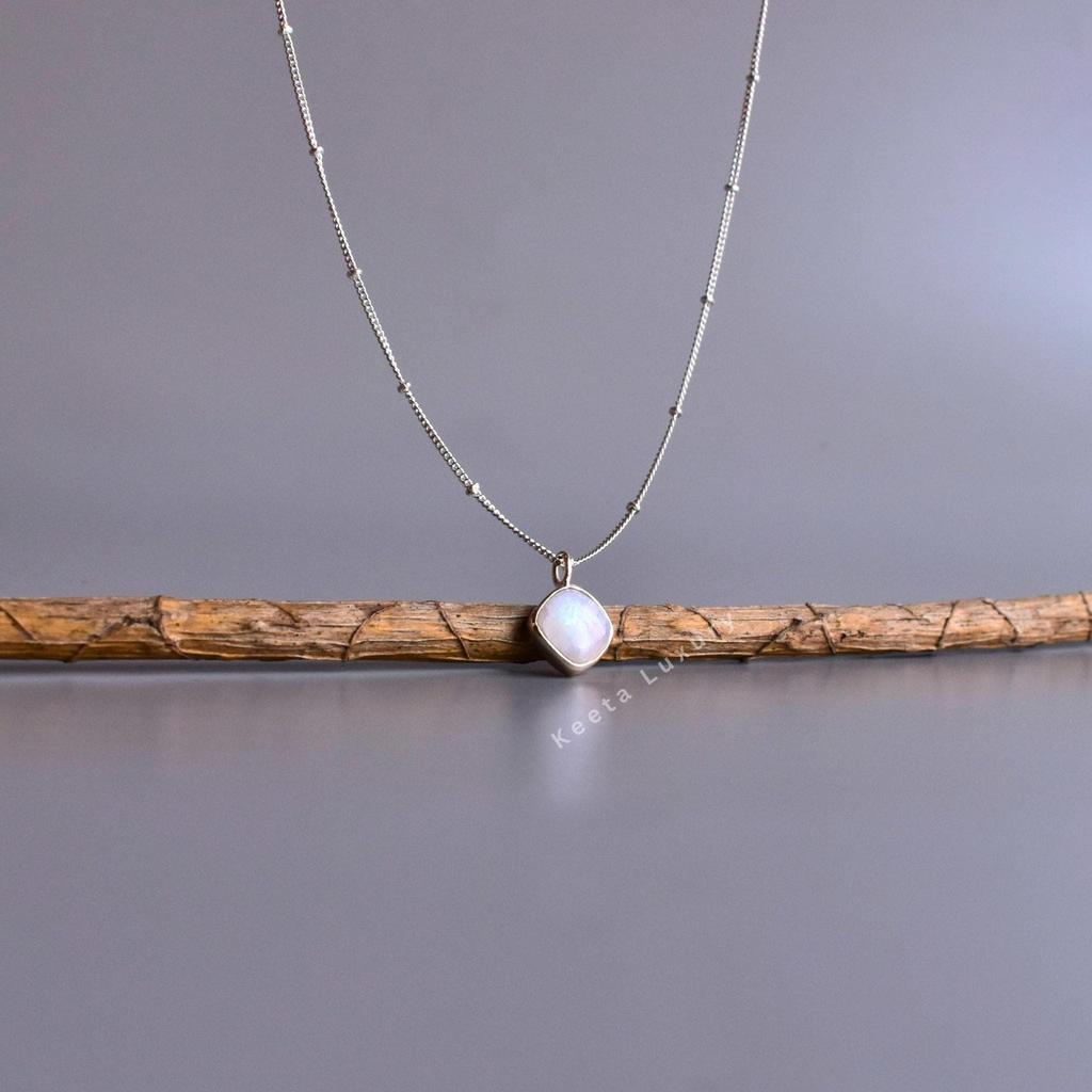 Natural Moonstone Elegant Necklace Sterling Silver Cushion-shaped Layering Necklace for Women Square Crystals Office Wear Simple Jewelry