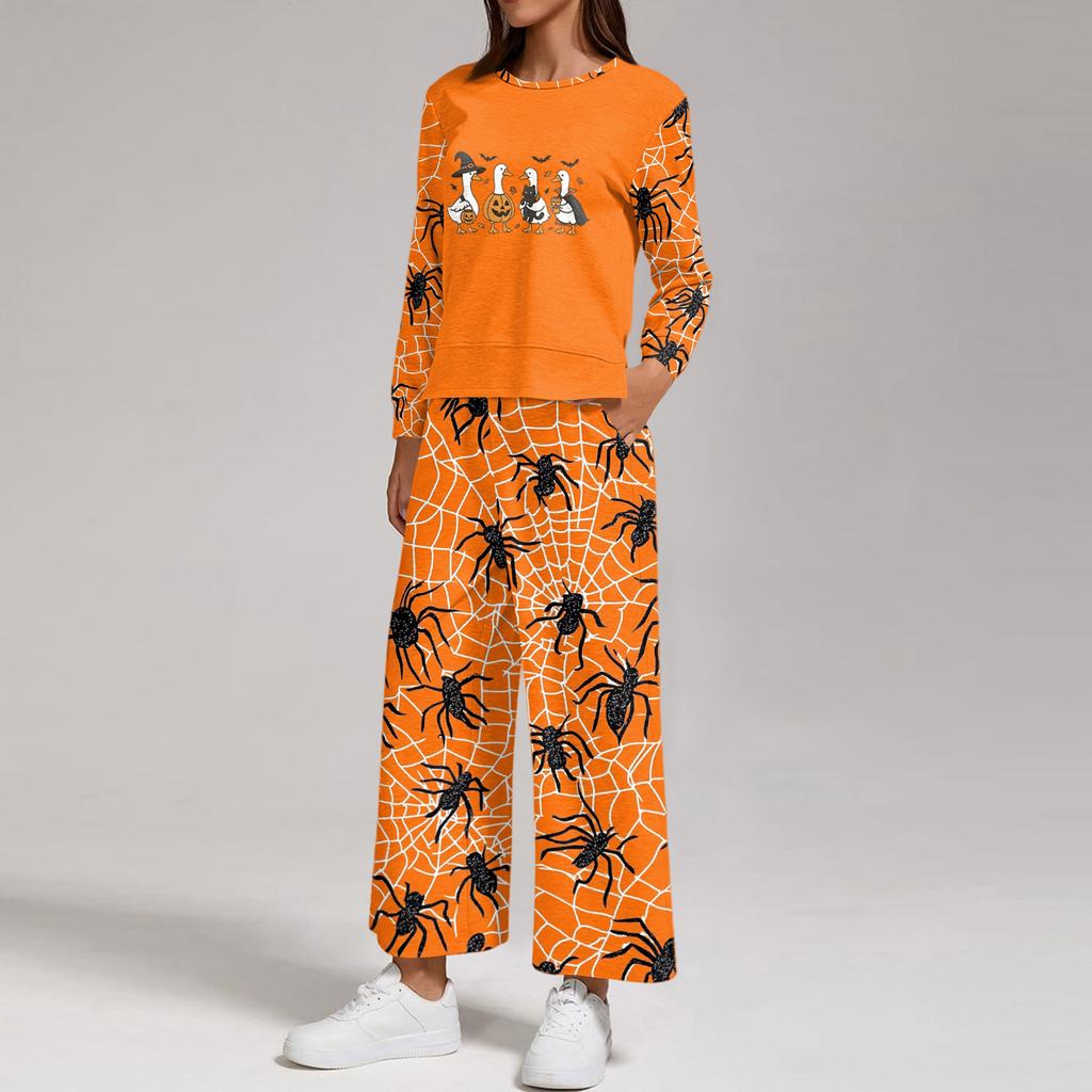 Women's Casual Round Neck Loose Fit Sweatshirt and Pants Set with Halloween Print Hem Slit for Halloween