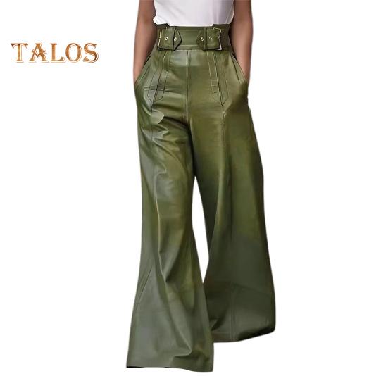 Women Flared Pants Slim High Waist Loose Pockets Faux Leather Elastic Waist Wide Leg Streetwear Solid Color Trousers for Work Leisure Daily Wear
