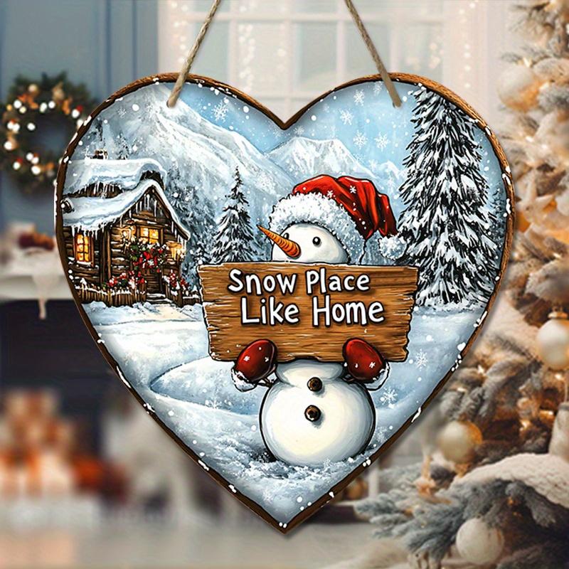 Rustic Wooden Christmas Sign with Snowman Pattern - Heart-shaped Navidad Sign for Front Doo, Wall Hanging Decor - Ideal Christmas Decoration