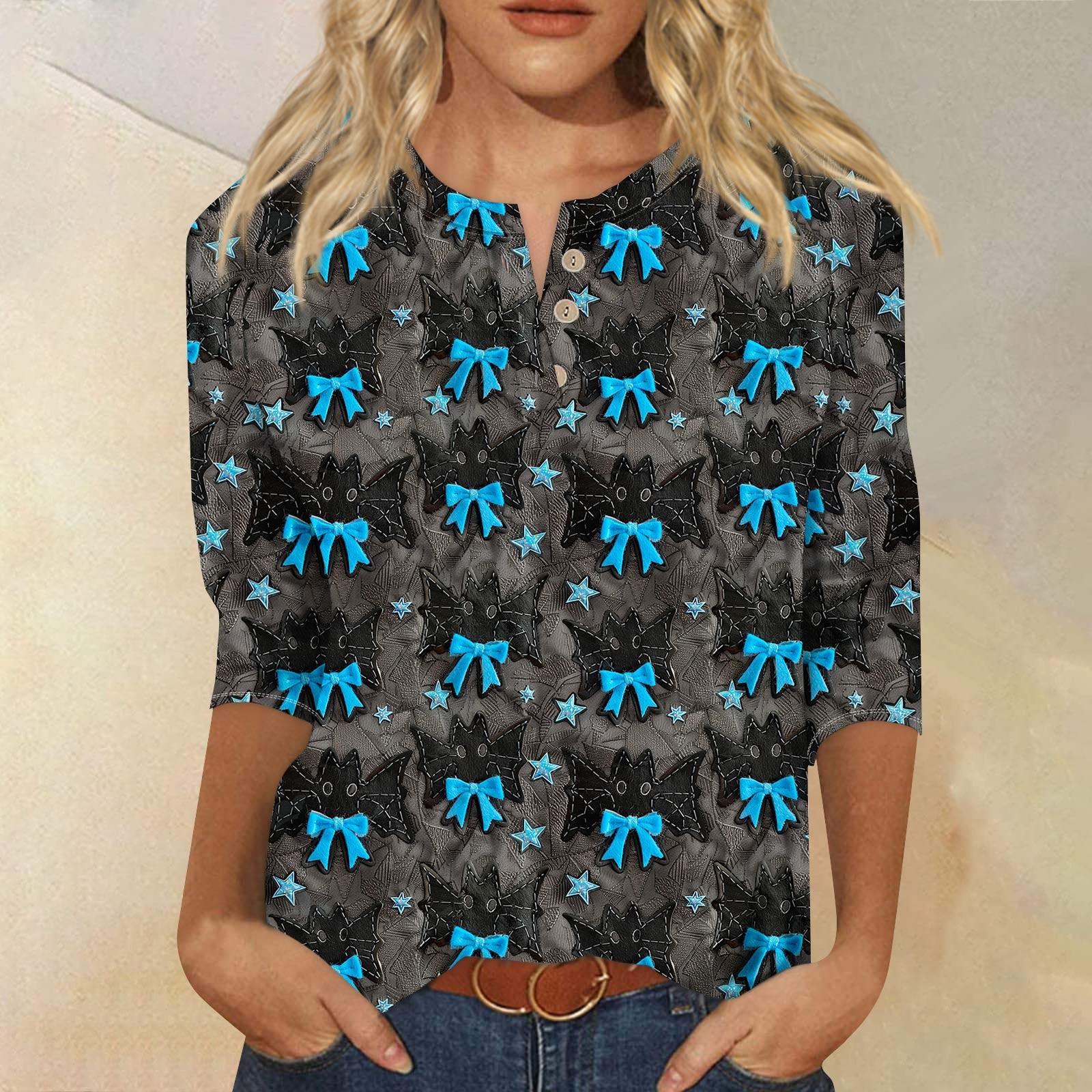 

Женский повседневный топ с принтом Хэллоуина, V-образным вырезом, застежкой на пуговицы и рукавами длиной семь четвертей XXXXL синий