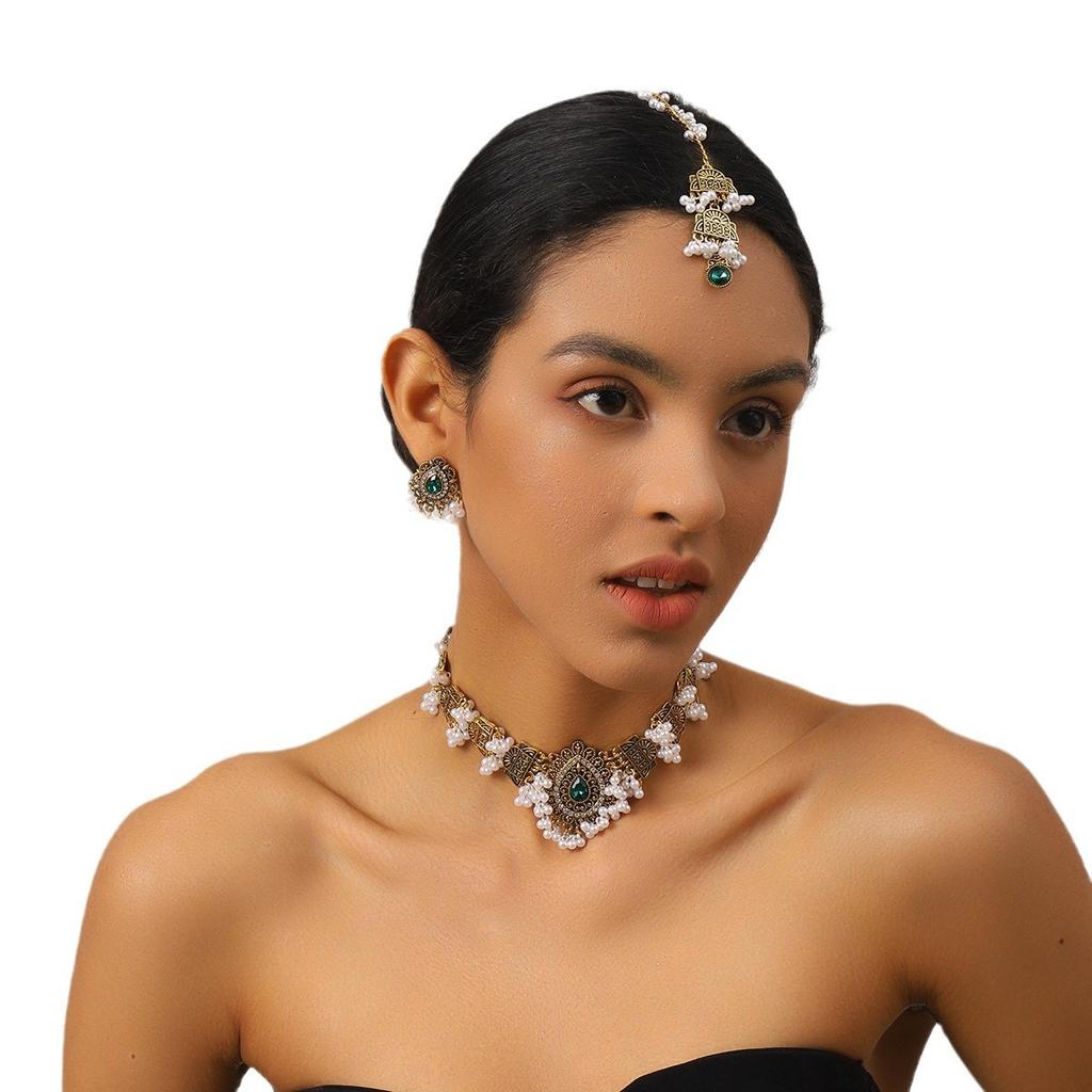 European and American Retro Metal Earrings Necklace Set, Pearl Tassel Forehead Chain Hair Accessories 1-piece Set