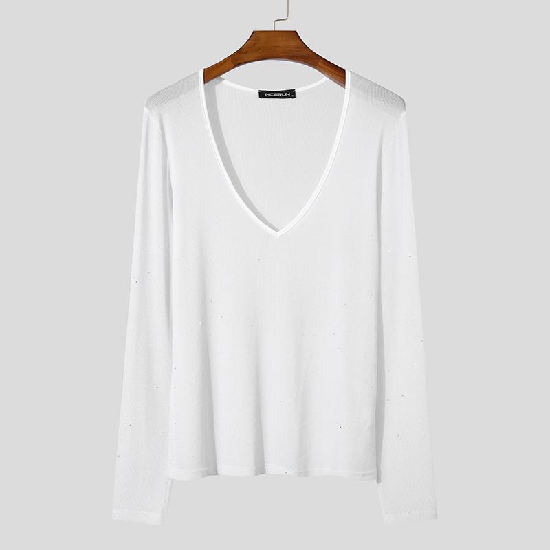 

INCERUN Мужские футболки с глубоким V-образным вырезом и длинным рукавом из сетки, прозрачные футболки 3XL белый