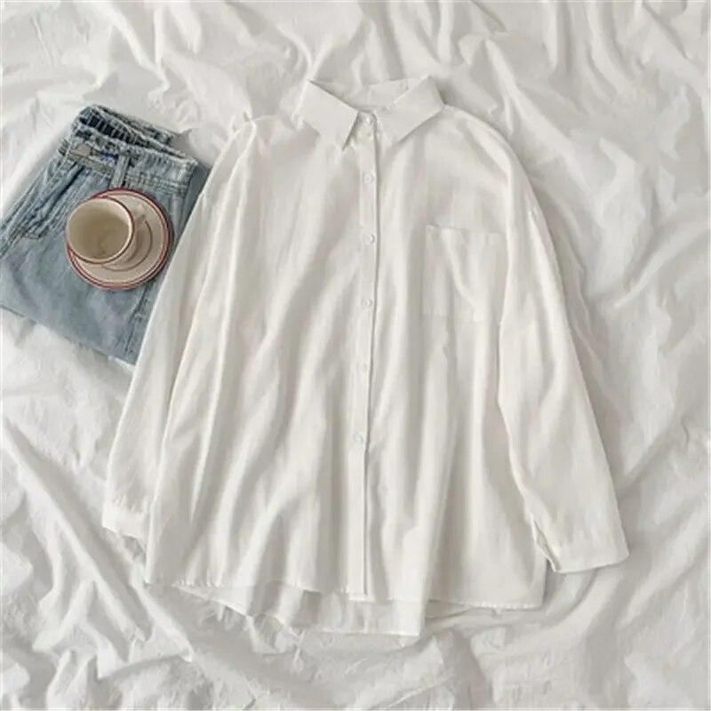 Preppy Style Solid Color Shirt  Autumn Women Korean Fashion Turn Down Collar Blouse Loose Long Sleeve Tops Clothes 30269