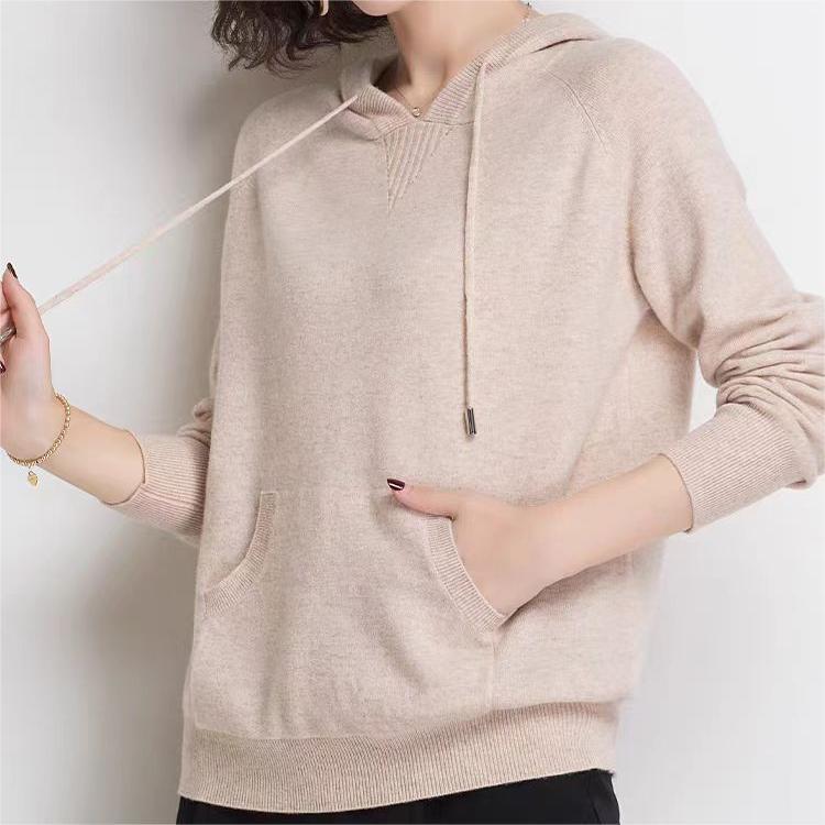Classic sweater jacket knitted top spring and autumn long sleeves solid color versatile casual shoulder sleeves hooded sweater women's