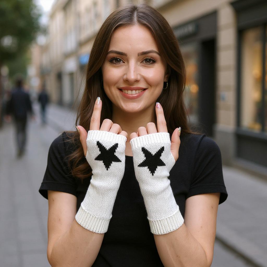 Fingerless Star Knitted Gloves With Thumb Hole For Women, Wrist Warmers For Winter Typing, Soft & Stylish Mittens