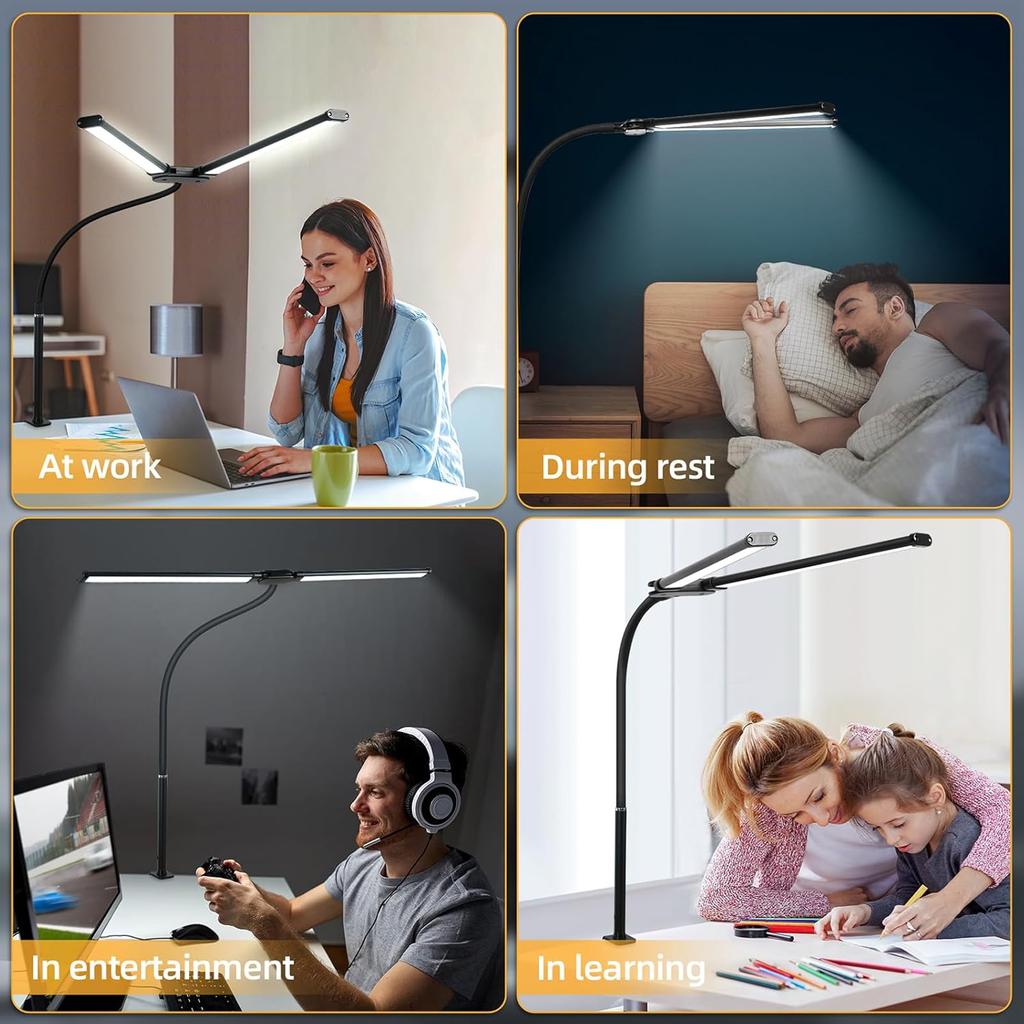 CANMEIJIA LED Desk Lamps for Home Office - Upgrade Dual Head Architect Task Lamp with Clamp & Adatper, 50 Lighting Modes Monitor Light Bar,