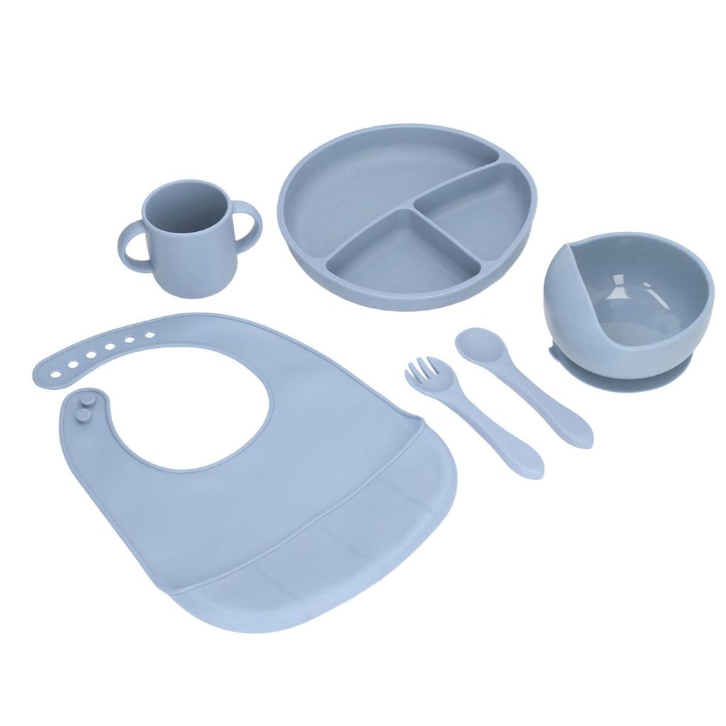 Baby Feeding Set Silicone Suction Divided Plate and Bowl with Spoon Fork Cup Adjustable Bib Set
