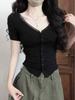 Pure desire sexy V-neck lace splicing short-sleeved T-shirt women's summer new Spice Girl slim-fitting slim top