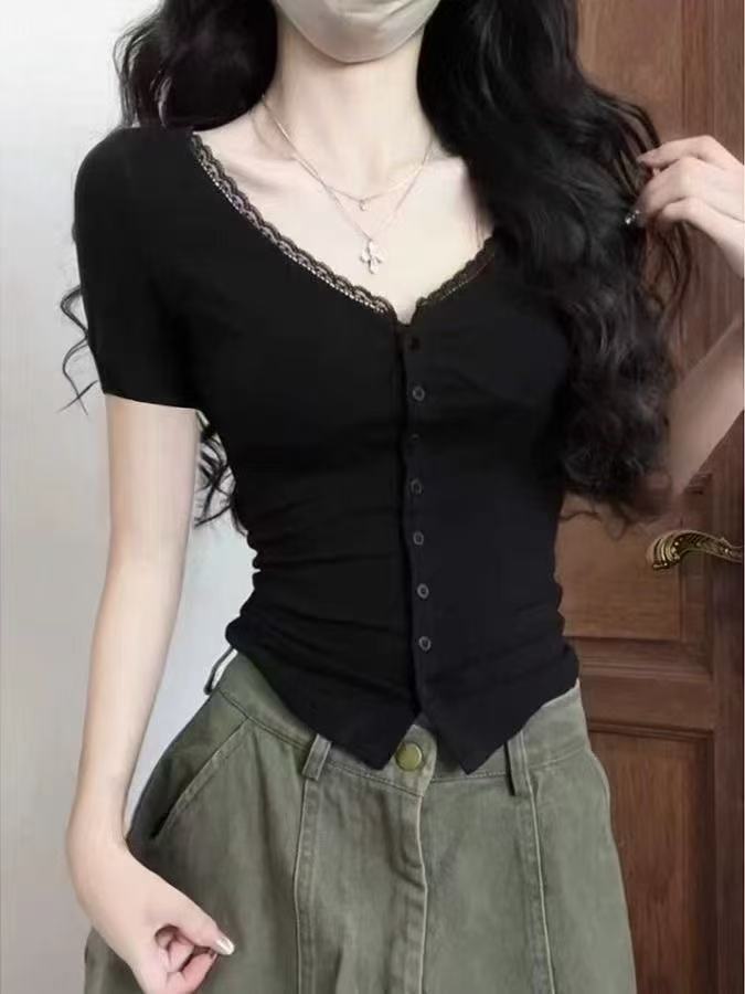

Pure desire sexy V-neck lace splicing short-sleeved T-shirt women s summer new Spice Girl slim-fitting slim top 2XL чорний
