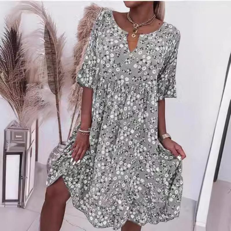 Moda Estiva Stampa Scollo a V Manica Corta Abito Ampio Taglia Forte Elegante Casual Semplice Donna Floreale A-line Abiti da Festa Abbigliamento Donna Dolce