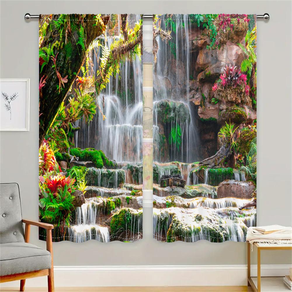 2Pcs Tropical Rainforest Curtains Waterfall Scenery Pattern Living Room Bedroom Window Decor Curtains Natural Landscape Theme
