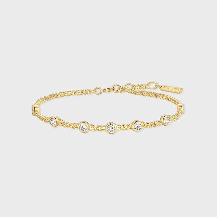 Gold Multi-Station Round Stone Chain 925 Silver Bracelet B066-05G.