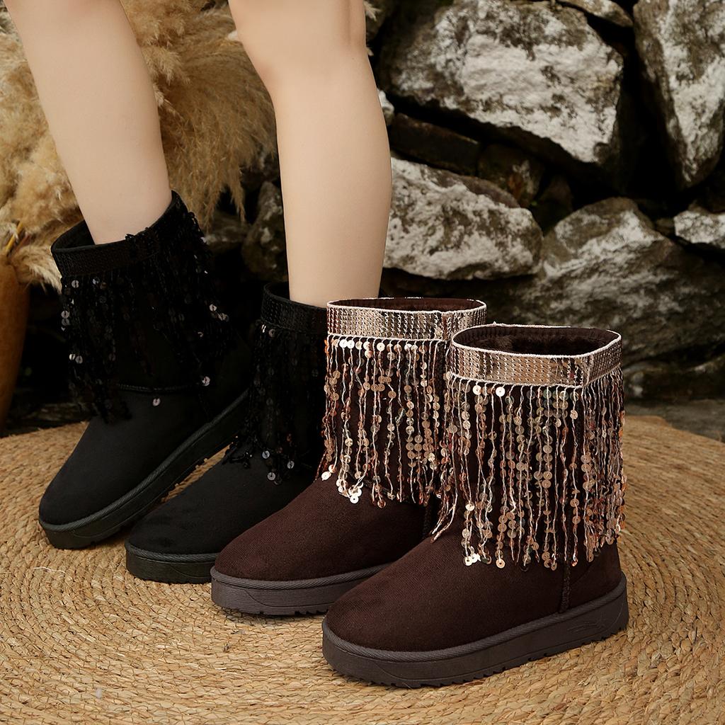 Women Snow Boots Bohemia Embroidery Fringed Decoration Boots Women 2025 Winter Platform Ankle Boots Thick Bottom Shoes Women