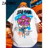 Zazomde Street Cotton Unisex Tshirts Positive Vitalty Smiling Flower Printing Short Sleeve Oversize Oneck Soft Trend Unisexs Clothes